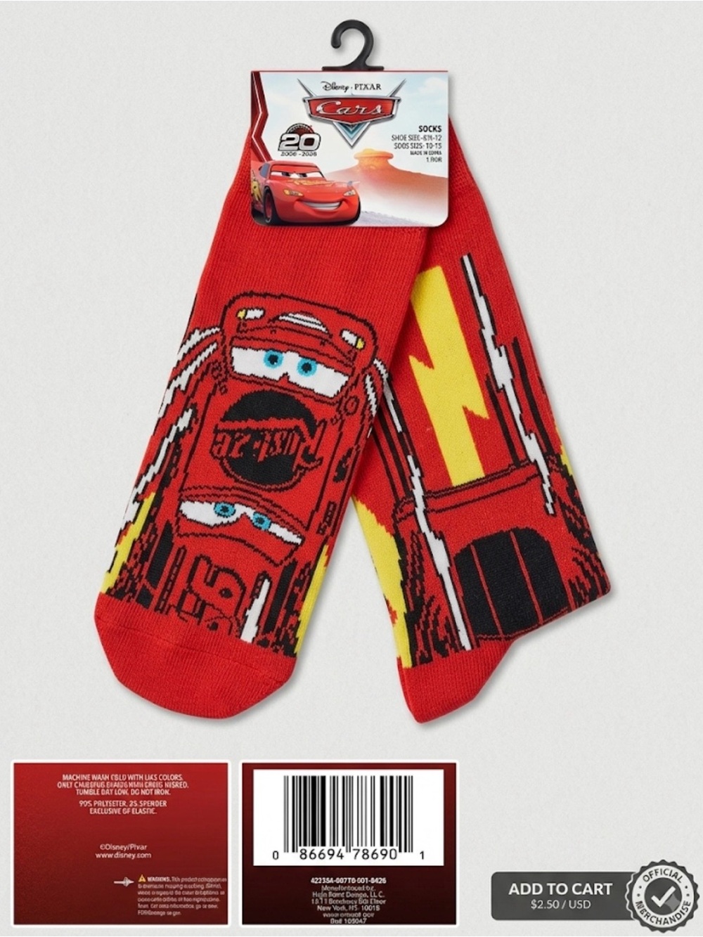NWT Disney Pixar Cars Lightning McQueen Crew Socks 1 Pair - Men Shoe Size 6.5-12